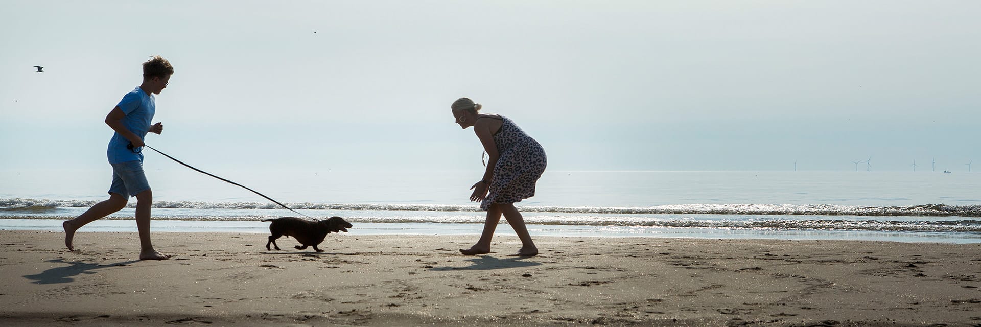 Jongen loopt met hond op het strand
